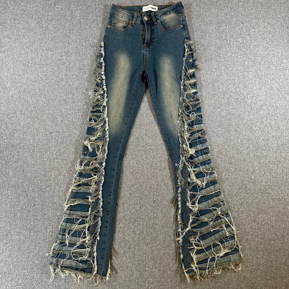 Fashion Nova Women Distressed Shredded Side Cut Out Jeans Blue Flare Size‎ 0 👖